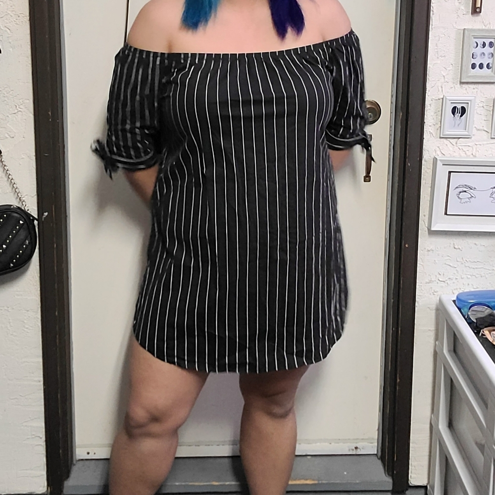 Striped off the shoulder Bluenotes mini dress